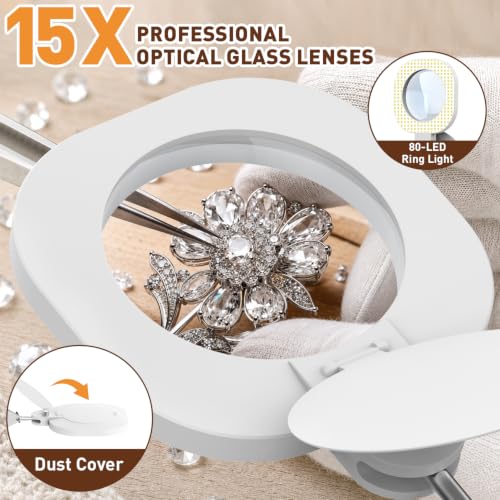 15X Magnifying Lamp with Light, 3-in-1 LED Lighted Magnifying Glass Desk Clamp Floor Stand,Optical Glass，Stepless Dimming，Lighted Magnifiers for Close Work,handicrafts, Repair,Reading, White - color: White