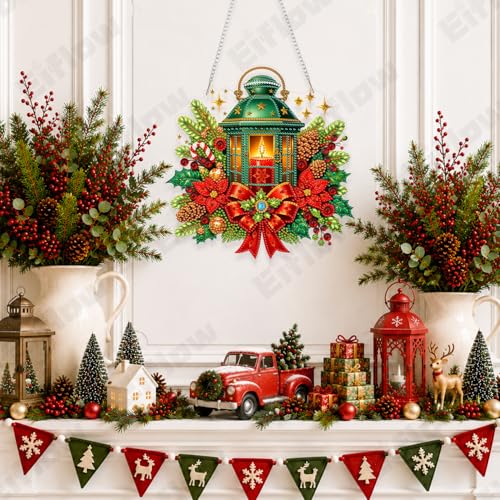 Eiflow Acrylic Christmas Diamond Art Hanging Kit for Adults Lantern, DIY Diamonds Painting Door Hanger Ornament Kit Wreath Crystal Diamond Art Painting Wall Window Hanging Pendant - color: Lantern