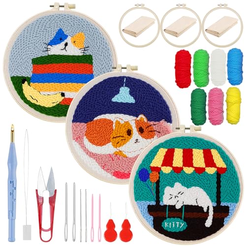 Woohome Punch Needle Kit Included Plastic Hoops, Punch Needle Cloth, Color Yarn and Punch Needle Tools for Adults, Beginners (Lazy Cat) - color: Color 24