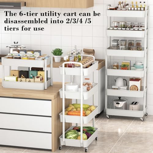Sywhitta 6-Tier Plastic Rolling Utility Cart with Wheels for Storage,White - color: White, size: 6-tier