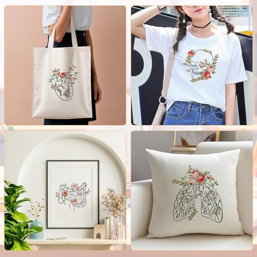 5 Sets Skull Embroidery Kits for Beginners Adults, Anatomy Embroidery Starter Kit for Doctors Nurses Christmas Gifts with Floral Stamped Pattern DIY Needlepoint Kit Cross Stitch Set Includes 2 Hoops - size: organ