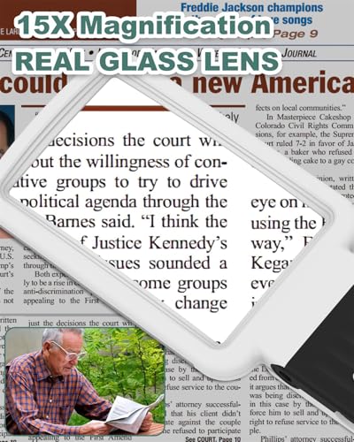 15X Magnifying Glass with Light and Stand, Rechargeable Folding Handheld Real Glass Magnifier, 3 Color Modes Dimmable Lighted Page Magnifying Sheet for Seniors Low Vision Small Prints - color: Black-white