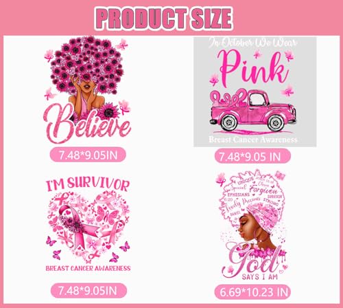 4 Sheets Breast Cancer Awareness Iron on Patches Pink Ribbon Heat Transfer Vinyl Decals Breast Cancer Iron on Transfer Stickers Women Car Design DTF Transfer Ready to Press for T-Shirt Hat Clothes - color: F