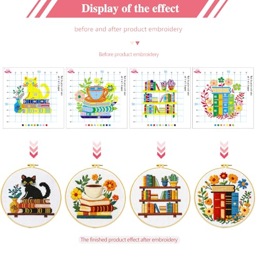 Zhenqing 4 Themes Cross Stitch Kit Set - 11CT 9.45x9.45Inch, Coffee/Books/Cats/Floral Designs, DIY Embroidery Kit with Full Tools (Hoops, Scissors, Tassels) & Guide, Cozy Home Decor Gift(69601) - color: 69601