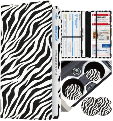 Slohif Car Registration and Insurance Holder with 2 Car Coasters, Elegant - color: Black Zebra