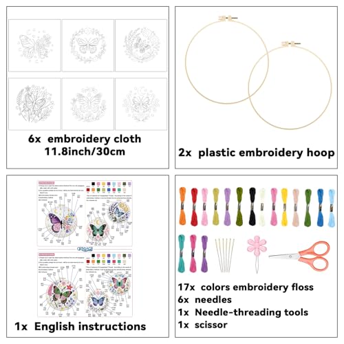 ORIGACH 6 Pack Butterfly & Flower Wreath Embroidery Kits for Beginners - style: Butterfly & Flower