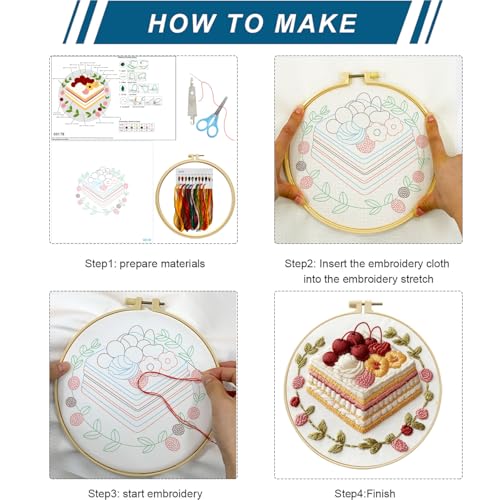 Zhenqing Cherry Mille Crepe Cake Embroidery Kit for Beginners, Pre-Printed 29x29cm Fabric with 20cm Hoop & Threads, Floral Cake Design for Home Decor(C0178)