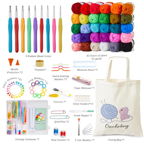 INSCRAFT Crochet Kit for Beginners Adults, 30 Acrylic Yarn Skeins 1650 Yards Yarn, 105 PCS Crochet Kit with Hooks Set,Includes Canvas Tote Bag, Ideal Starter Pack for Professionals - size: 105 Pieces with Canvas Tote Bag