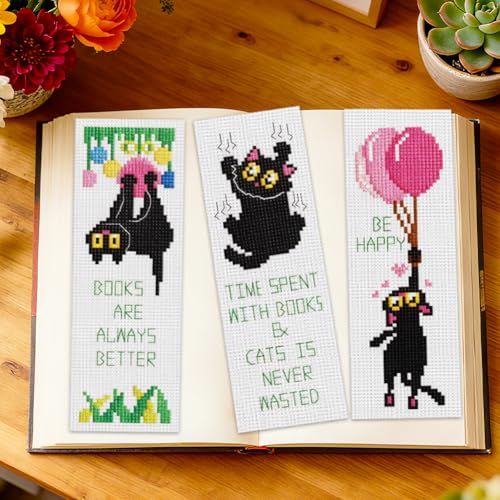 ORIGACH 6 Pack Black Cat & Inspirational Quotes Cross Stitch Kit - style: Black Cats & Quotes