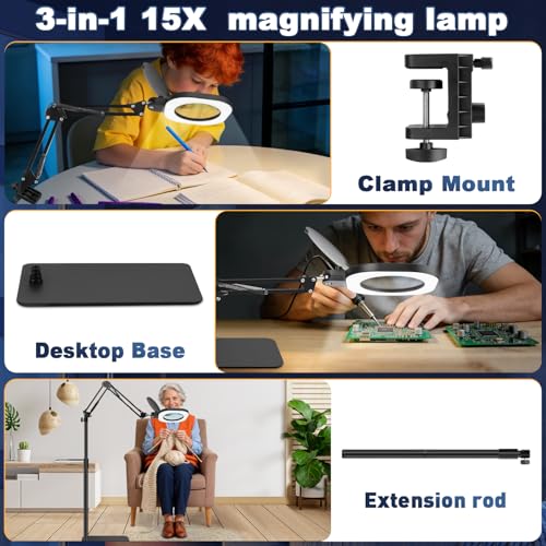 Magnifying Glass with Light and Stand,15x 3in1 Magnifying Lamp, 5 Color Stepless Dimmable,80 Led Desk&Floor Lamp with Lighted Magnifying Glass,Hands Free Magnifying Glasses for Close Work