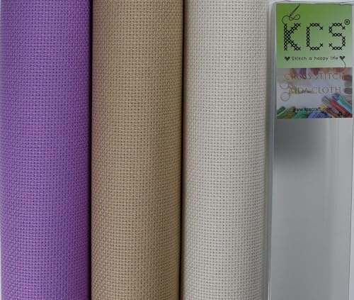 KCS 3 pc of 15" x 18"(38cmx45cm) Counted Cross Stitch Cotton Aida Cloth Needlework Rolled Fabric Box,16CT,Pearl Grey+Khaki+Lavender - color: Pearl Grey+khaki+lavender, size: 16CT