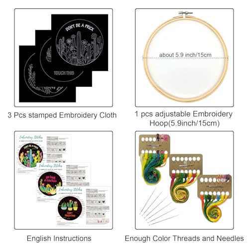 Louise Maelys 3 Pack Funny Cactus Embroidery Kit for Beginners DIY Craft - color: funny cactus