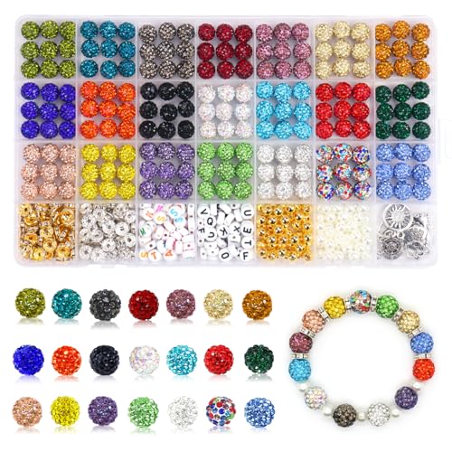 501 Pcs Rhinestone Bead Kit for Bracelet, 10mm Sparkle Clay Crystal Beads for Jewelry Making, 21 Colors Shiny Disco Ball Beads for Crafts Baseball Necklace Keychain Earrings DIY Decoration (Kit 1) - color: Kit 1