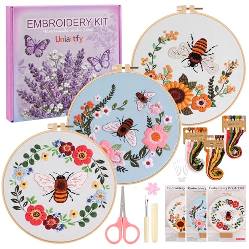 Uniartfy 3 Pack Bee Flower Embroidery Kits for Beginners, Cross Stitch Kit for Adults, DIY Needlepoint with Embroidery Hoop, Tools, Easy to Learn Video & Instructions, Hand Embroidery Starter Kit - color: Embroidery Kit-I