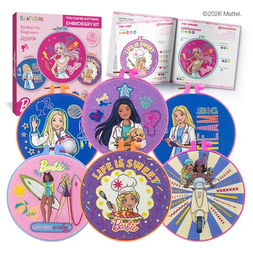 Barbie® Embroidery Kit for Kids Ages 8-12 - 8 Beginner Designs, 2 Hoops - color: Barbie Embroidery Kit