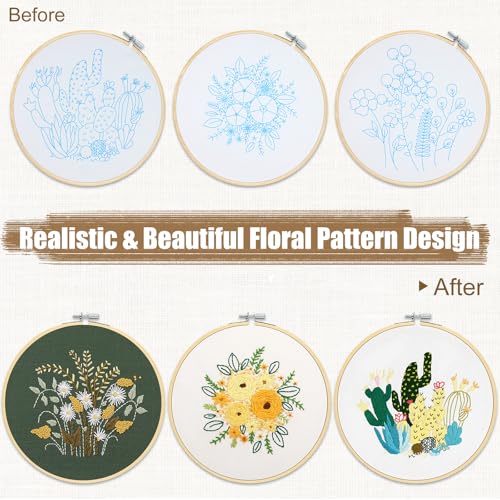 KintKita 3 Sets Floral Embroidery Kit for Adults,Easy DIY Embroidery Kits for Beginners Stamped Cross Stitch Practice Kit, Includes Stamped Flower Pattern, Hoop, Color Threads,Tools - color: Floral Kit