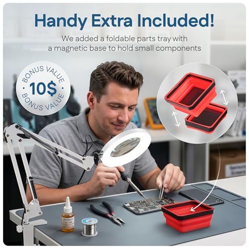 10X Magnifying Lamp - Desk Magnifying Glass with Light, Lighted Magnifying Glass with Stand, Magnifying Light, 5 Color Modes, 2 Mounting Options, USB Cable, Adapter & Magnetic Tray, White - color: White