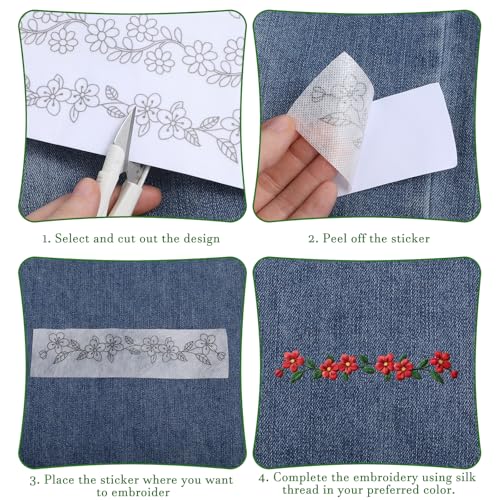 27 Pcs Water Soluble Stabilizer Embroidery Patterns Flower Vine Embroidery Pattern Sewing Flowers Border Pre-Printed Floral Stick & Stitch Paper for Jean Bag Tshirt Bags Towels 4 Sheets