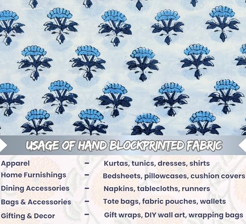100% Cotton Fabric by the Yard, Hand Block Print Fabric for Sewing RB-112 - color: Rb-112 Blue, size: 1 Yard pre cut