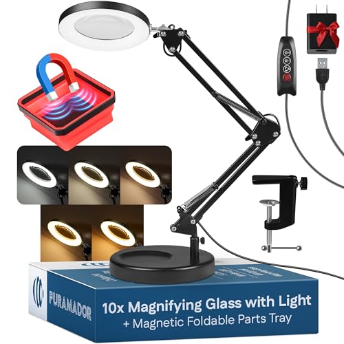 10X Magnifying Lamp - Desk Magnifying Glass with Light, Lighted Magnifying Glass with Stand, Magnifying Light, 5 Color Modes, 2 Mounting Options, USB Cable, Adapter & Magnetic Tray, Black - color: Black