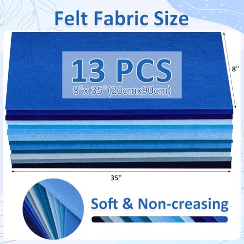 XSEINO 13 Rolls 8"x35" 1.4mm Thick Soft Felt Fabric Sheet 13 Assorted Blue Series Colors Felt Pack Pastel Felt Sheets for DIY Craft Sewing Squares Nonwoven Patchwork - color: Blue Hues
