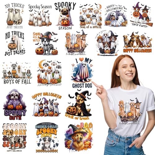 Dtf Transfers Ready to Press - 20Pcs Halloween Ghost Dog Iron on Transfers Ghost Dog Pumpkin Iron on Decals Patches Halloween Dog Heat Transfer Vinyl Stickers for Clothing Pillows Bag DIY Crafts - color: Ghost Dog