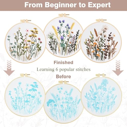 RidaaFri Embroidery Kit for Beginners, 3 Set Flower Pattern Practice Kits