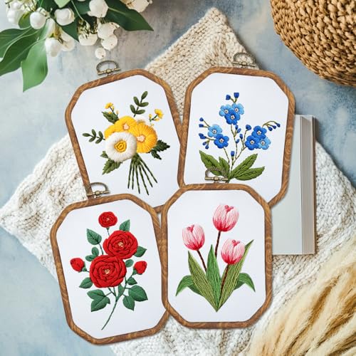 ORIGACH 4 Set DIY Flower Embroidery Kit for Beginners Adults - style: Flowers