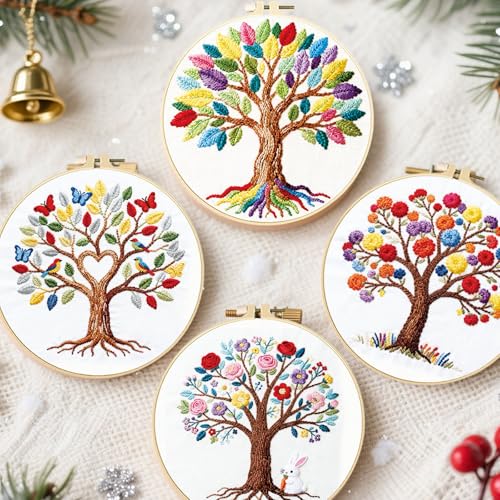 FREEBLOSS 4 Set Embroidery Kit Tree of Life Stamped Embroidery Starter Kit with Step by Step Instructions, Colored Threads, 2 Hoops, Needlepoint Kits for Hand Craft Lovers Gift, 30cm/11.8inch - style: Life Tree