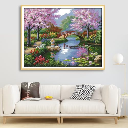 Rosyfoxes Cross Stitch Kits Stamped Full Range of Embroidery Starter Kits for Adult DIY 14CT 2 Strands - Printed kit The Beautiful Scenery of Park(Printed) 21.7x16.9 inches - color: The beautiful Scenery of Park(printed)21.7x16.9inches