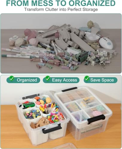 17QT Clear Storage Box with Tray for Crafts & Lego Organization - color: Clear Black+White