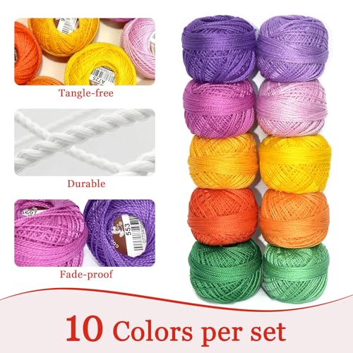 Double Mercerized Egyptian Long Staple Cotton Pearl Thread Ball 10 Grams Rainbow Color Embroidery Thread 10 Colors per Box for Crochet Hardanger Cross Stitch Hand Embroidery,Rainbow Light Color - color: red&green