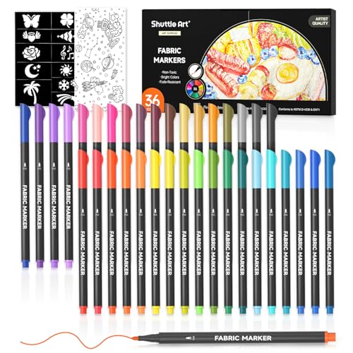 Shuttle Art Fabric Markers, 36 Colors, Fine Tip, with 11 Stencils - color: 36 Colors