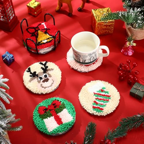 Yaomiao 6 Pcs Christmas Punch Needle Coaster Kit for Beginners, Adults - style: Christmas