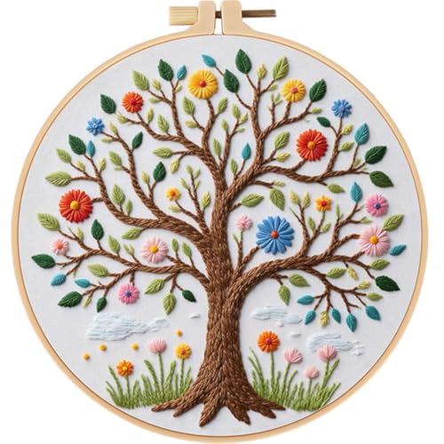 Qupace 3 Pcs Tree Embroidery Kits for Beginners Adults - Cross Stitch Sewing Craft Set with 3 Embroidery Hoops & 3 Finished Stands,Book Needlework Kit - color: White