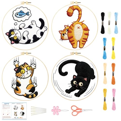 BEUNITONE 4PCS Fun and Funny Cat Embroidery Kit for Beginners, Cute Pre-Print Cat Pattern Hand Embroidery Kits with Hoop and Instruction, DIY Needlepoint Craft Kit for Gifts and Home Decor - style: A-Cat-02