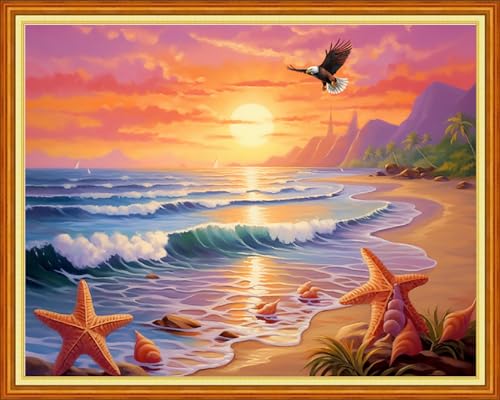 Dimensean Stamped Cross Stitch Kits Full Range of Embroidery Patterns Starter Kits for Beginners Adult DIY Cross Stitches Needlepoint Kits 11CT-Sunrise by the Seaside 16x20 inch - color: Craftpattern02