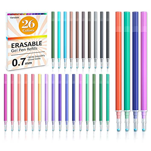 Vanstek 26 Assorted Colors Erasable Pen Refills, Gel Ink Refills Compatible with Erasable Pens, Fine Point 0.7 mm, Perfect for Writing Planner & Crossword Puzzles - color: 26 Colors Refills