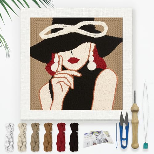 Doodlream Elegant Lady DIY Punch Needle Embroidery Kit for Adult Beginner, 9.4" Woman Wearing Hat Punch Stitching Craft Set for Starter with Frame, Fabric Pattern, Threader, Yarn, Pinch Needle - color: Elegant Lady