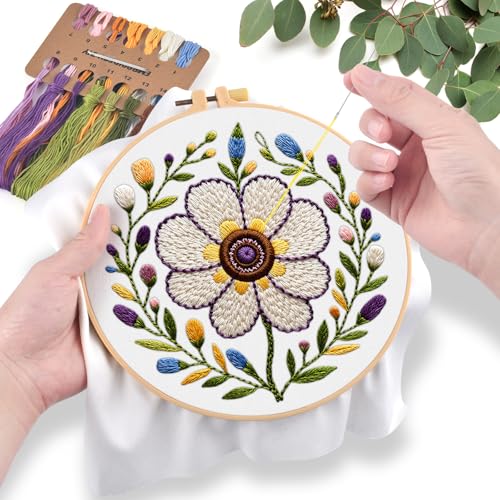 ERKOON Embroidery Kit for Beginners Adult, Cross Stitch Set Include Embroidery Cloth Hoop Threads for Craft Lover Hand Stitch with Embroidery Skill Techniques (Flower) - color: Flower