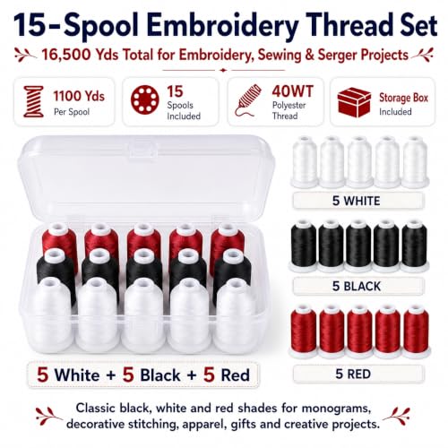 Simthread 15-Color Polyester Machine Embroidery Thread Set, 5W 5B 5R - color: 15C-White-Black-Red