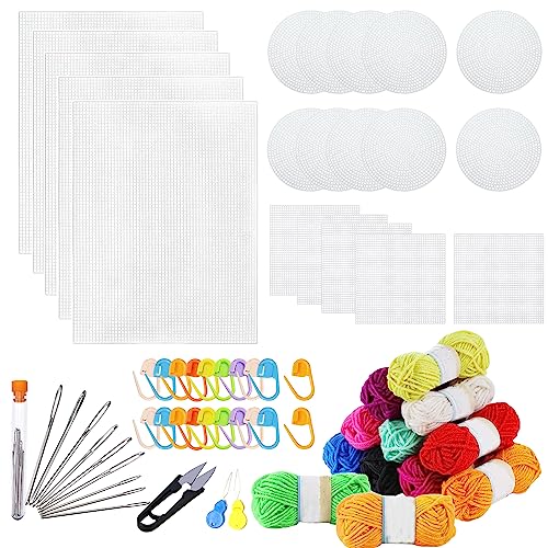 Allazone 45 PCS Mesh Plastic Canvas Sheets Kit, 3 Shape Clear Plastic Canvas, 12 Color Acrylic Yarn for DIY Crafts Embroidery Cross Stitch, Acrylic Yarn Crafting, Knit and Crochet Projects - color: 45 PCS - Yarn Grid 3