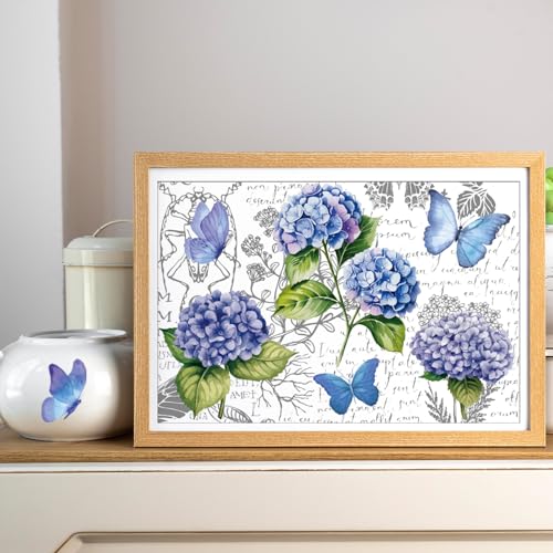 6 Sheets Vintage Floral Rub on Transfers, Blue Blooming Hydrangeas Rub on Transfer for Crafts and Furniture, Flowers Butterflies Stickers Decal for DIY Wood Furniture Wall Office Decor 11.8 x 7.9 Inch