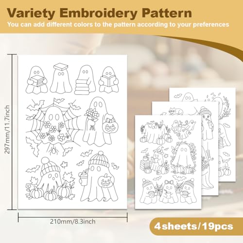 19Pcs Halloween Ghost Water Soluble Hand Sewing Stabilizers, 8.3"x11.7" Ghost Pumpkin Embroidery Pattern Stabilizer, 4 Sheets Flower Ghosts Stick and Stitch Embroidery Paper Sticker
