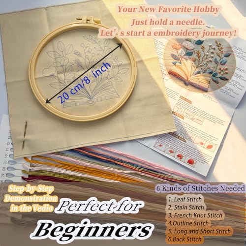 FONNUY Embroidery Kit for Beginners, Flower Book Pre-Stamped Pattern Kits for Adults with Hoop, Cross Stitch Easy to Follow Color Thread Needlework, 8'' Hoop (Brown) - color: Brown
