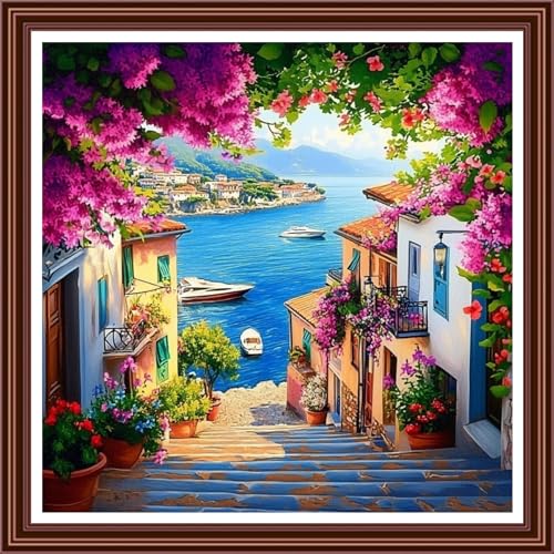 Dimensean Counted Cross Stitch Kit for Beginners, 11CT Unprinted Cross-Stitch Kit Easy Patterns Needlepoint Kit Cross Stitching Embroidery Kit Supplies-Seaside Floral Scenery 18x18 inch - color: ColornNEW04