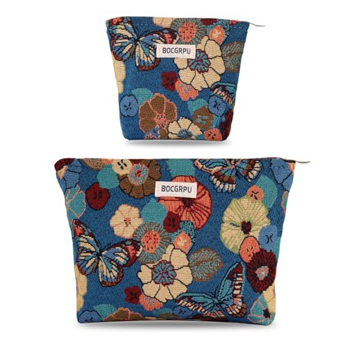 Butterfly Floral Cosmetic Bag Blue Base Zipper Travel Makeup Pouch - color: Flower Garden Blue