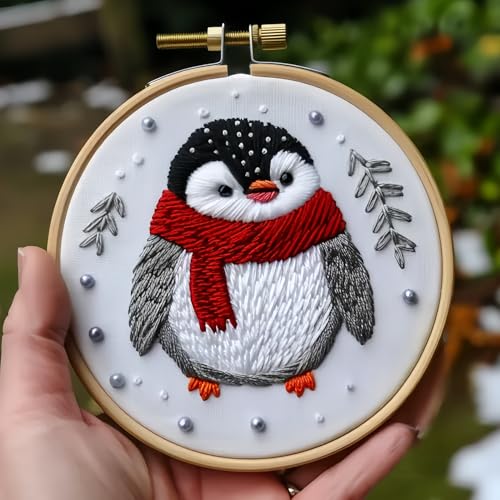 Christmas Embroidery Kit DIY Hand Embroidery Starter Cross Stitch Kits, Christmas Ornaments Embroidery with Stamped Pattern,Cotton,Threads,Needles,Instructions for Adults Beginners (Penguin) - color: Penguin