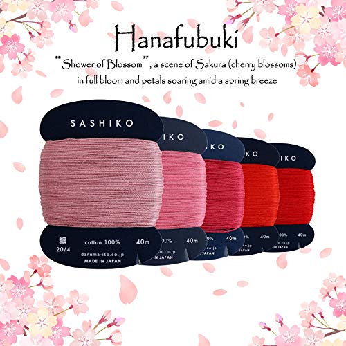 DARUMA Sashiko Thread 100% Cotton Card Type (43.7 yd) x 5 Colors with English Manual, Sewing & Embroidery Value Set with Gift Package(Thin, Hanafubuki) - color: Hanafubuki, size: Thin