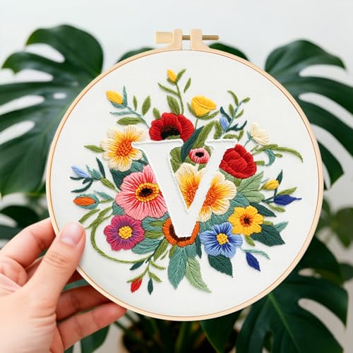 Zerzsy 7.87 '' Embroidery Kits Plant Flower Leaf English Letter Patterns for Beginners Adults, Easy to Learn Cross Stitch Kit for Home Office Decor - color: Letter V